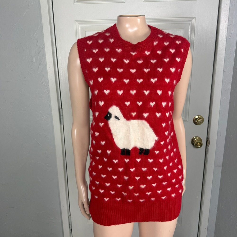 Vintage 80s 90s Charter club Sweater L Novelty Heart Sheep Wool Sleeveless XX22